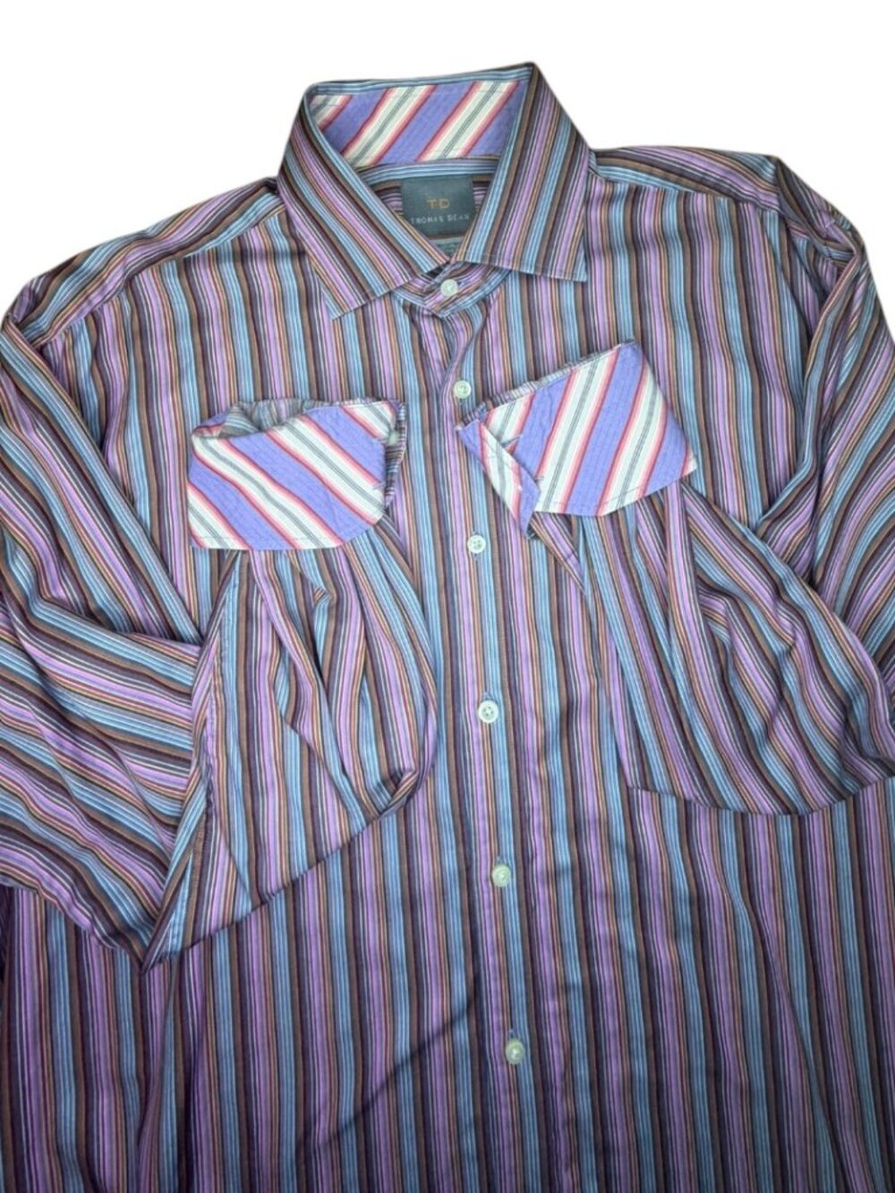Thomas Dean Multicolored Vertical Strip LS Shirt With Flip Cuffs-Size XL
